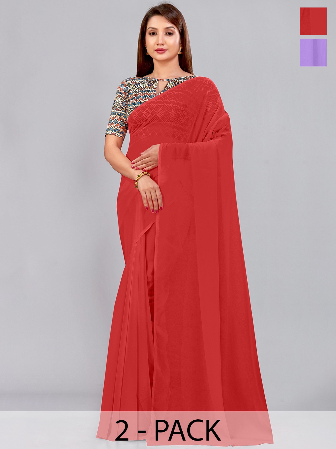 

CastilloFab Selection of 2 Pure Georgette Saree, Red