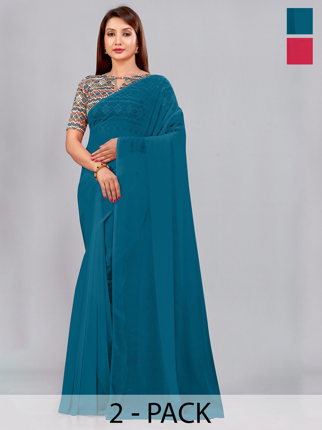 

CastilloFab Selection of 2 Pure Georgette Sarees, Teal