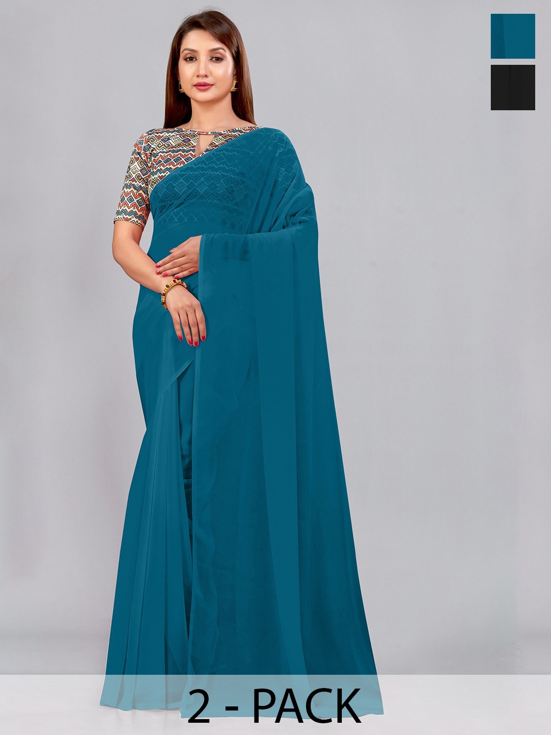 

CastilloFab Selection of 2 Pure Georgette Saree, Teal