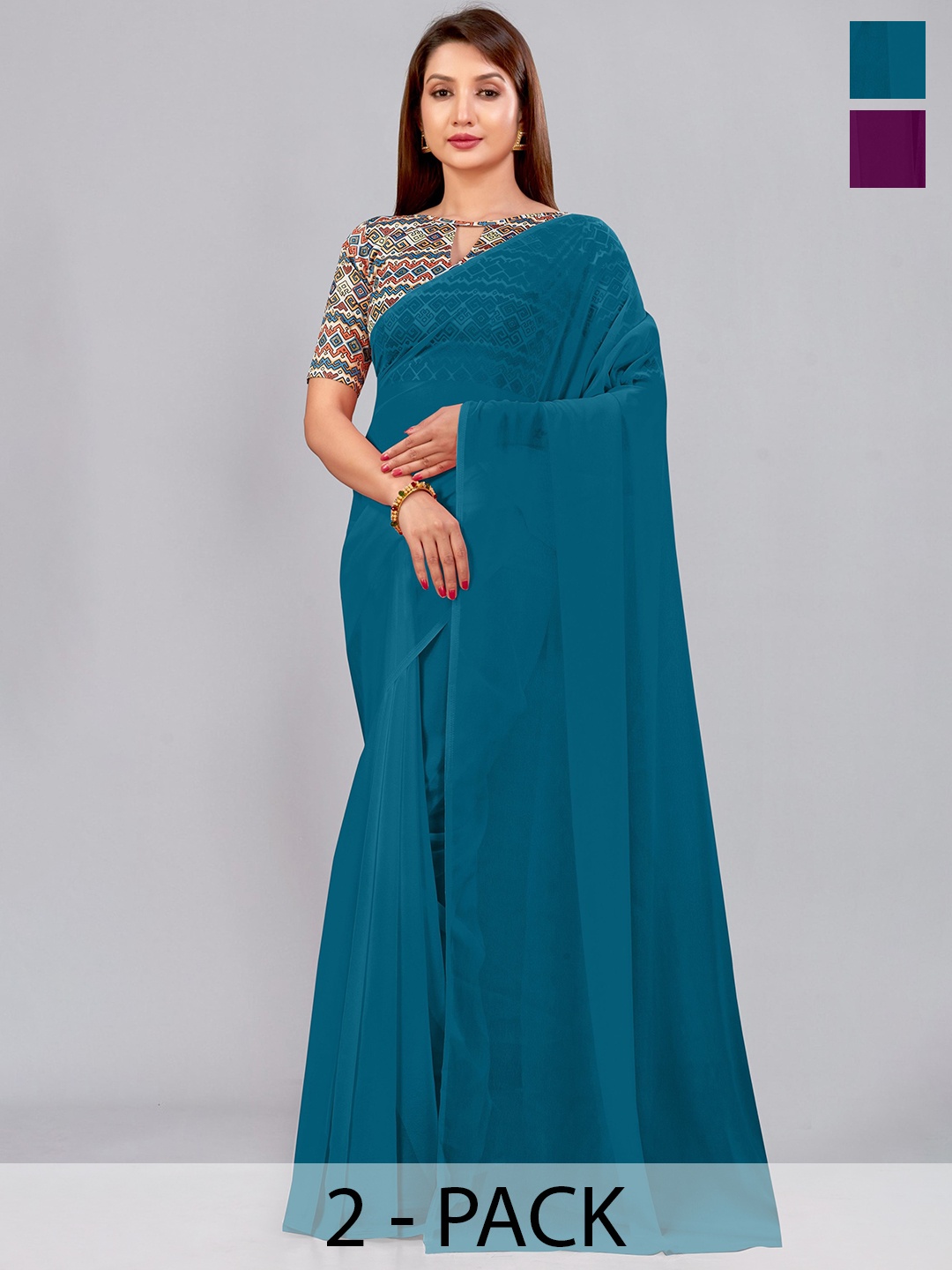 

CastilloFab Selection Of 2 Ethnic Pure Georgette Sarees, Teal