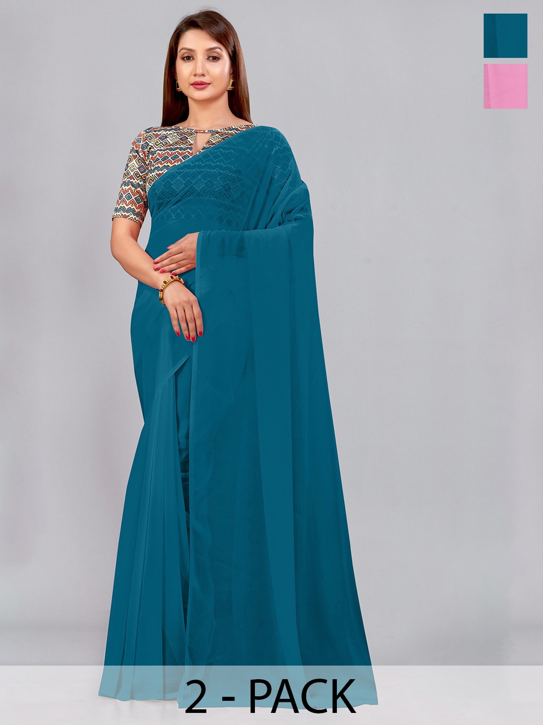 

CastilloFab Selection of 2 Pure Georgette Saree, Teal