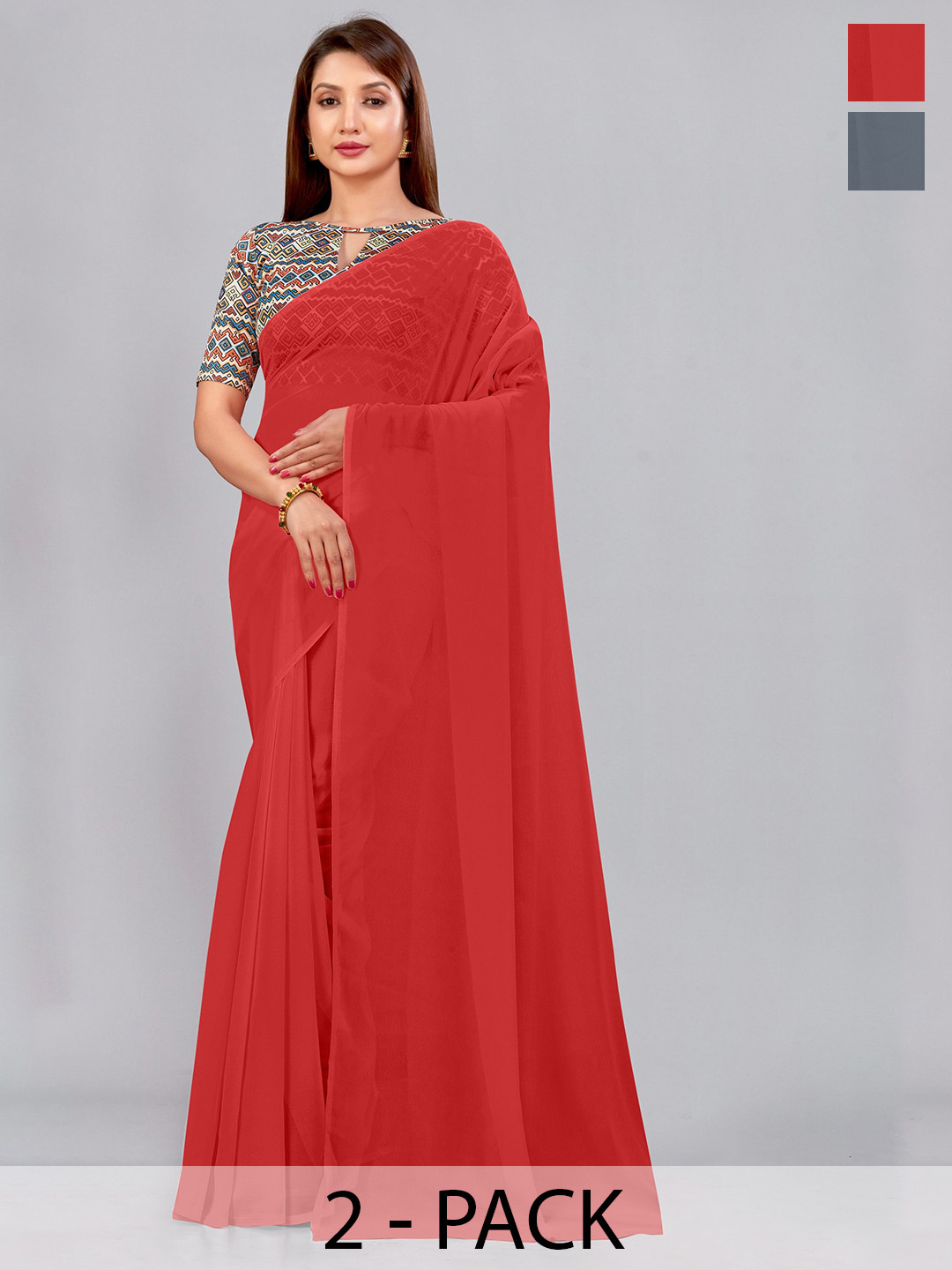 

CastilloFab Selection of 2 Pure Georgette Saree, Red