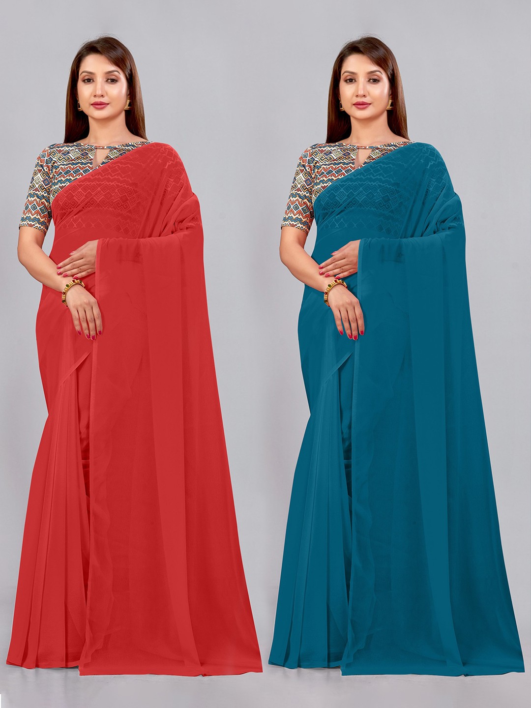 

CastilloFab Selection of 2 Pure Georgette Saree, Red