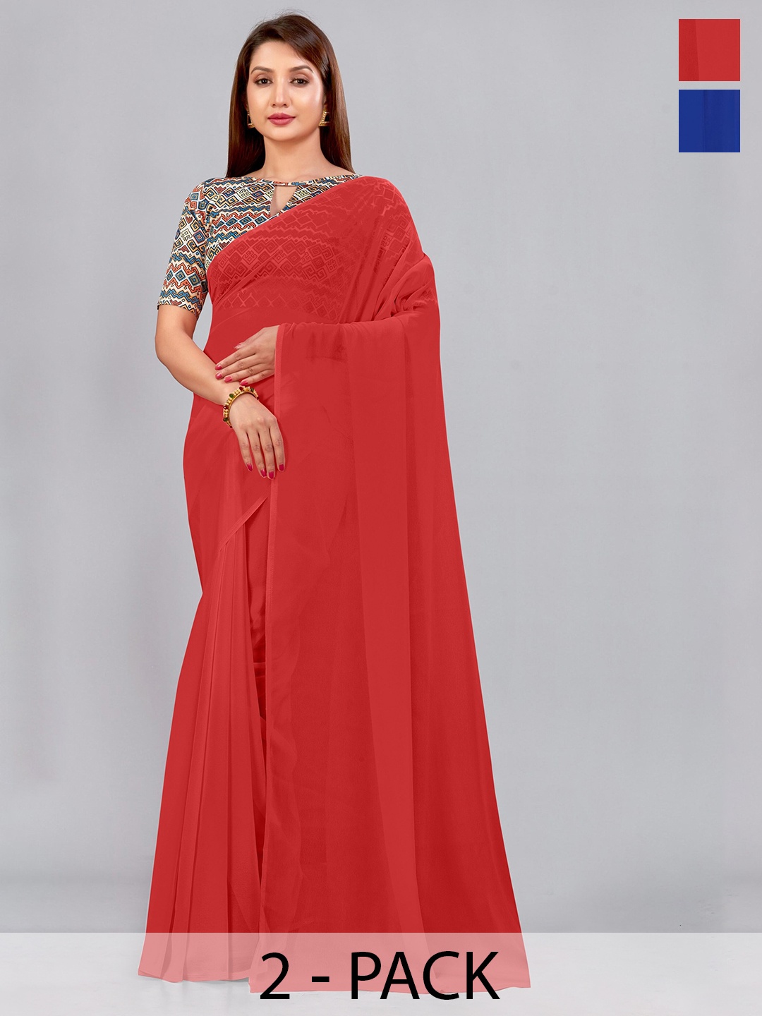 

CastilloFab Selection of 2 Pure Georgette Saree, Red