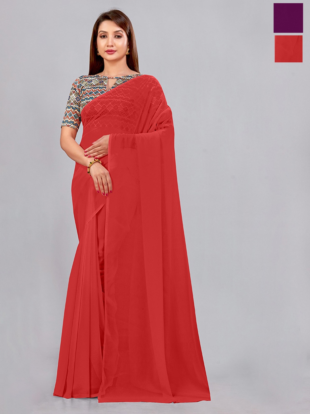 

CastilloFab Selection Of 2 Pure Georgette Saree, Red