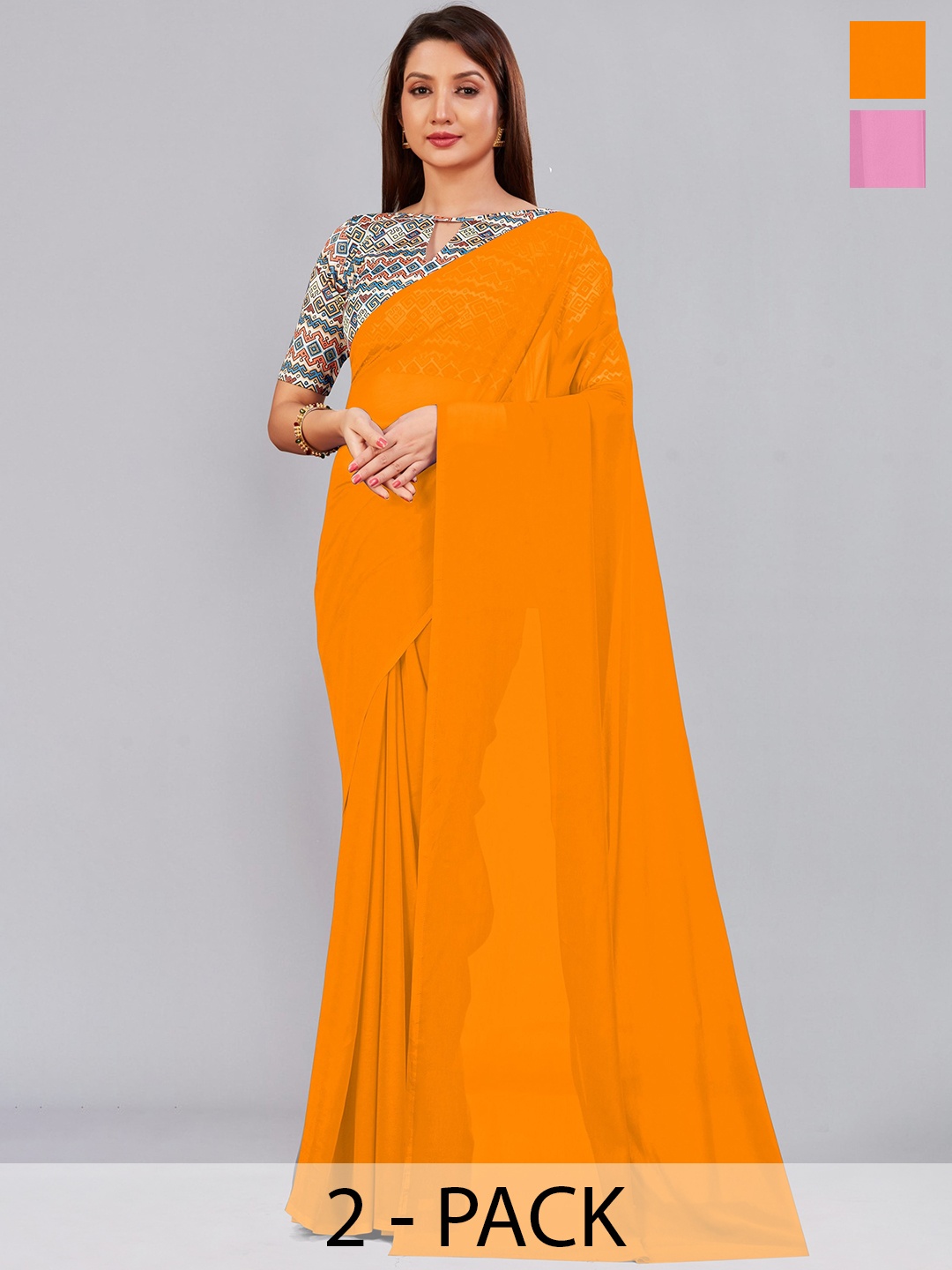 

CastilloFab Selection Of 2 Pure Georgette Saree, Mustard