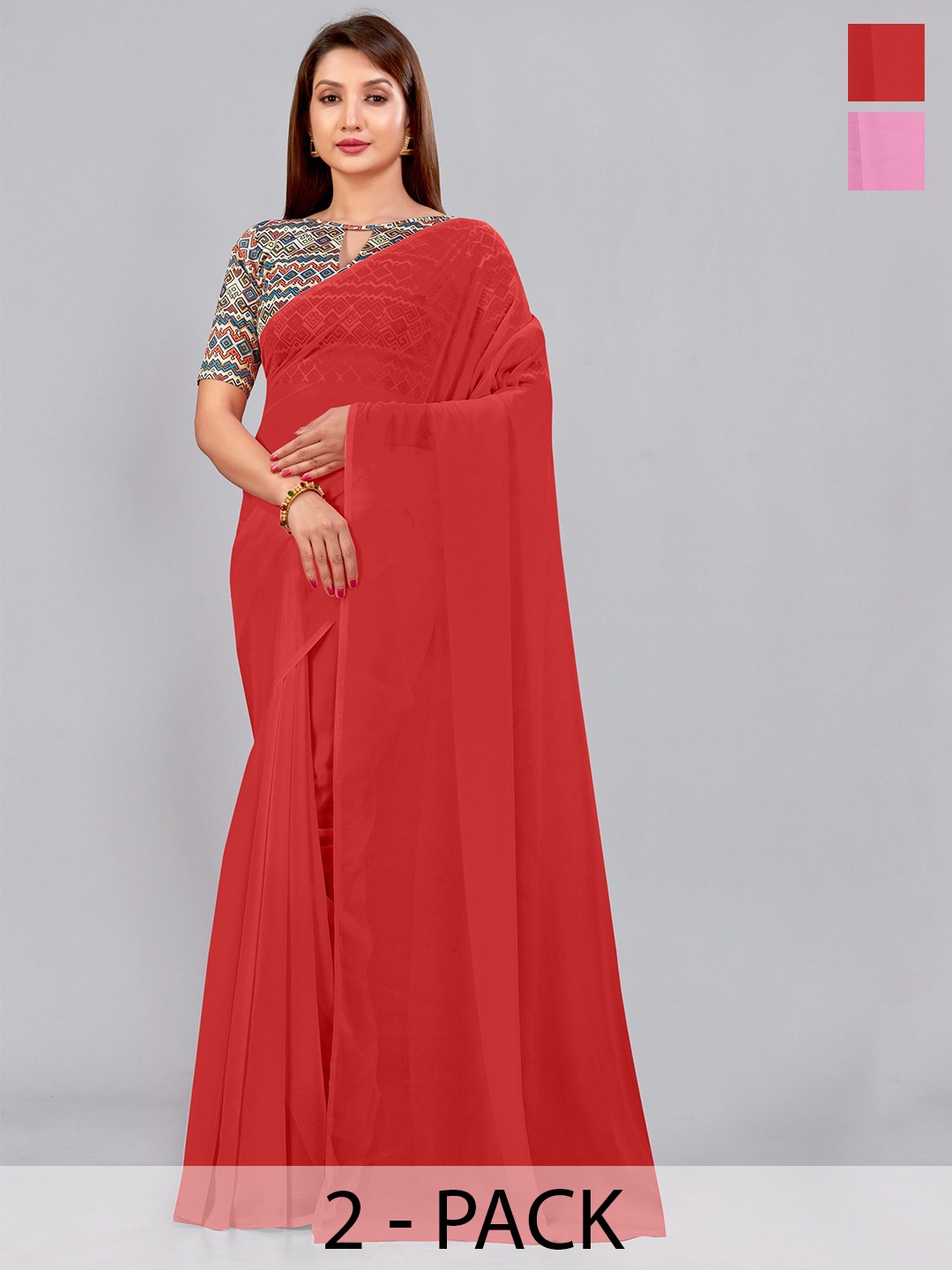 

CastilloFab Selection of 2 Pure Georgette Sarees, Red