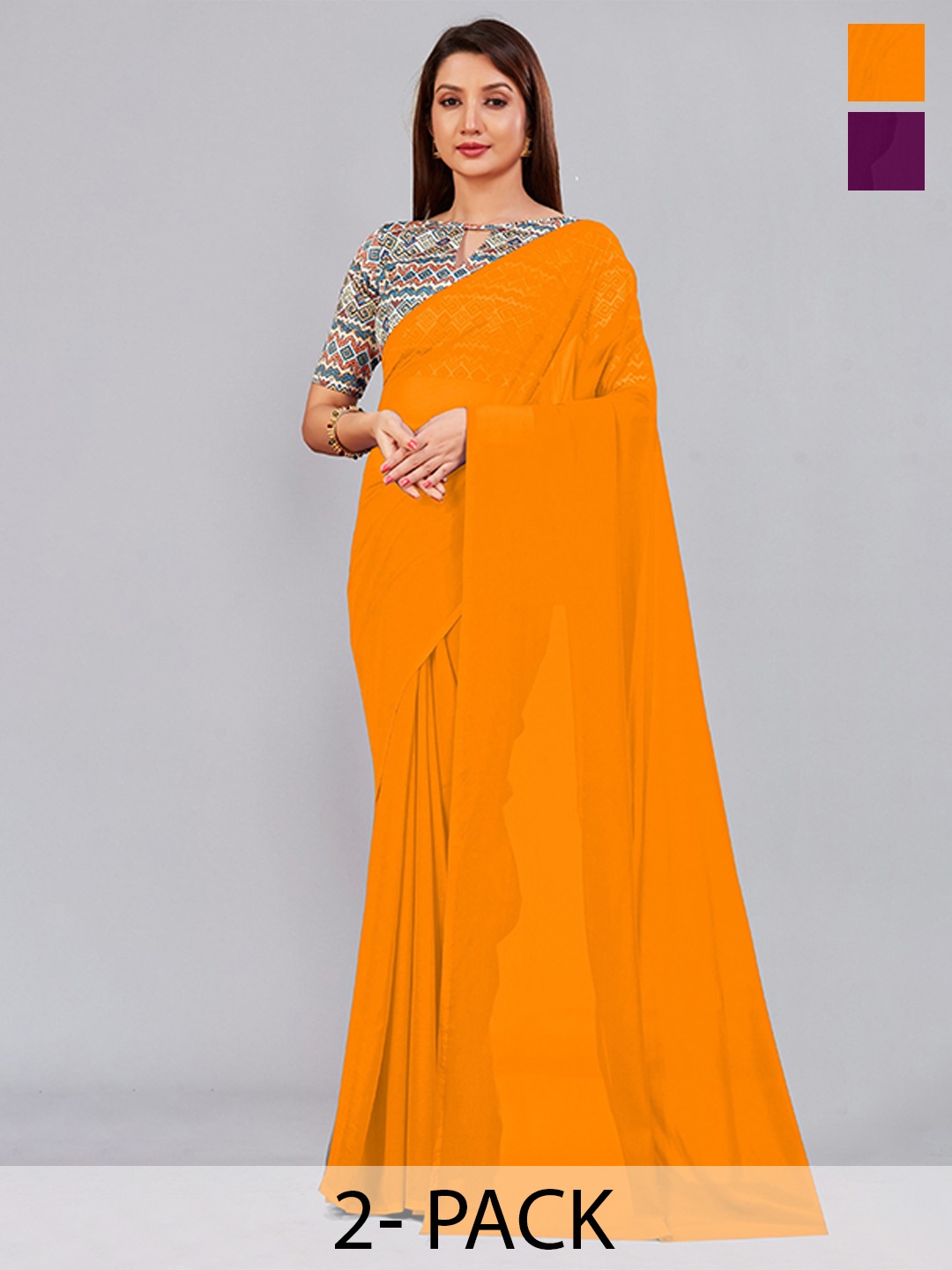 

CastilloFab Selection of 2 Pure Georgette Sarees, Mustard