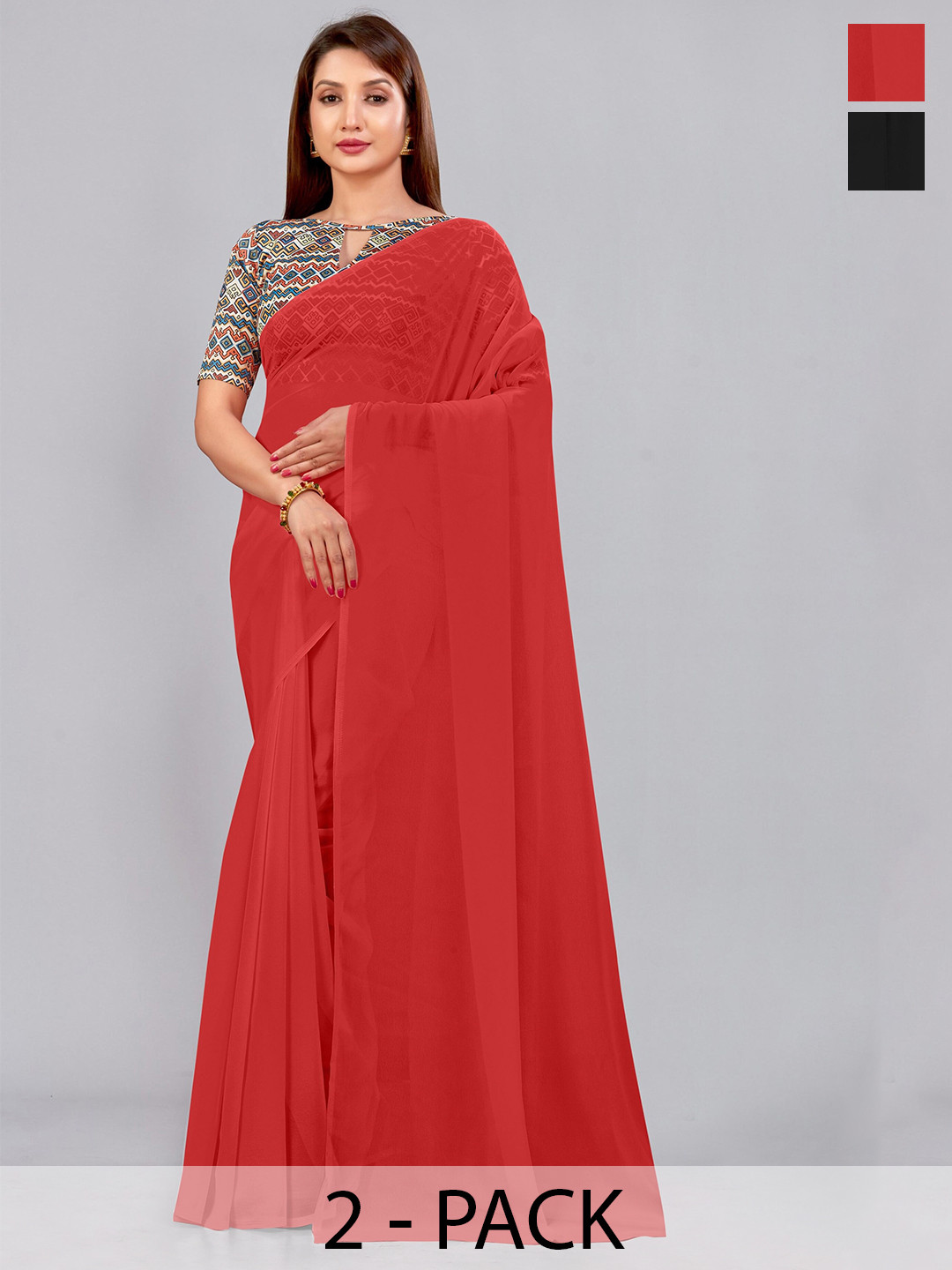 

CastilloFab Selection of 2 Pure Georgette Sarees, Red