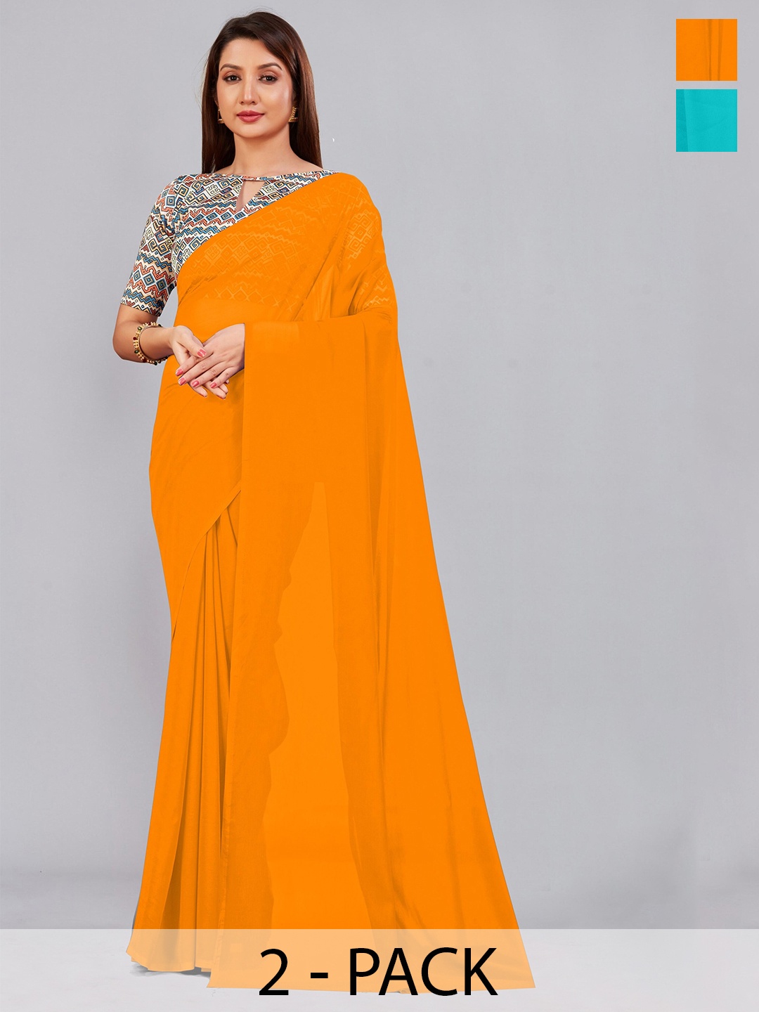 

CastilloFab Selection of 2 Pure Georgette Sarees, Mustard