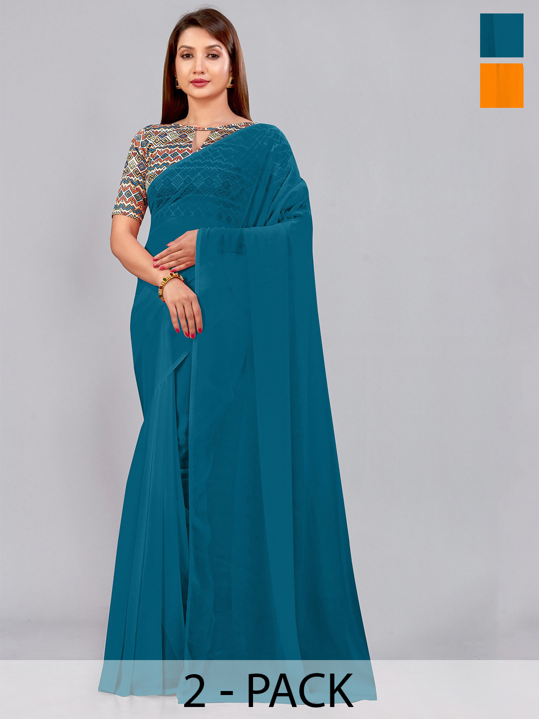 

CastilloFab Selection of 2 Pure Georgette Sarees, Teal