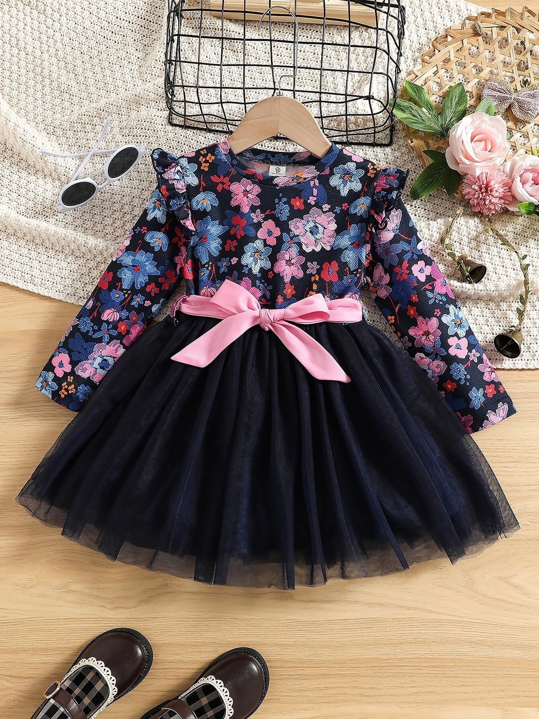 

BAESD Kids-Girls Floral Printed Fit & Flare Dress, Navy blue