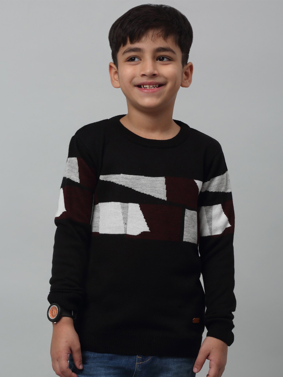 

Cantabil Boys Abstract Printed Round Neck Acrylic Pullover Sweater, Black