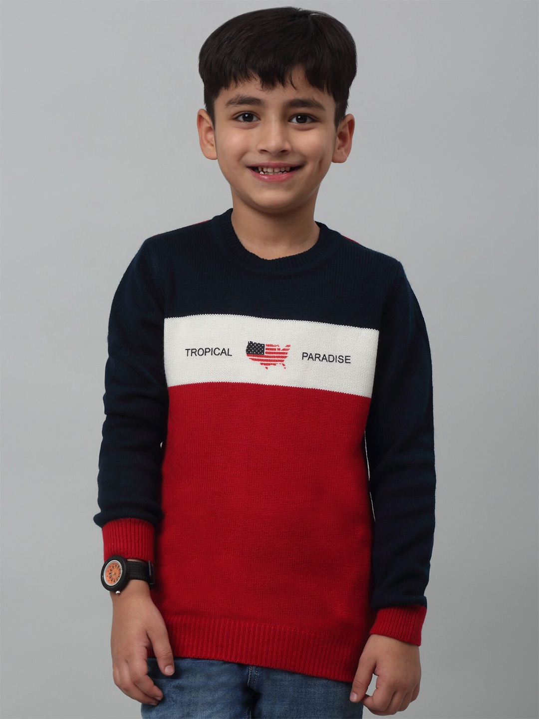 

Cantabil Boys Colourblocked Acrylic Pullover Sweater, Red