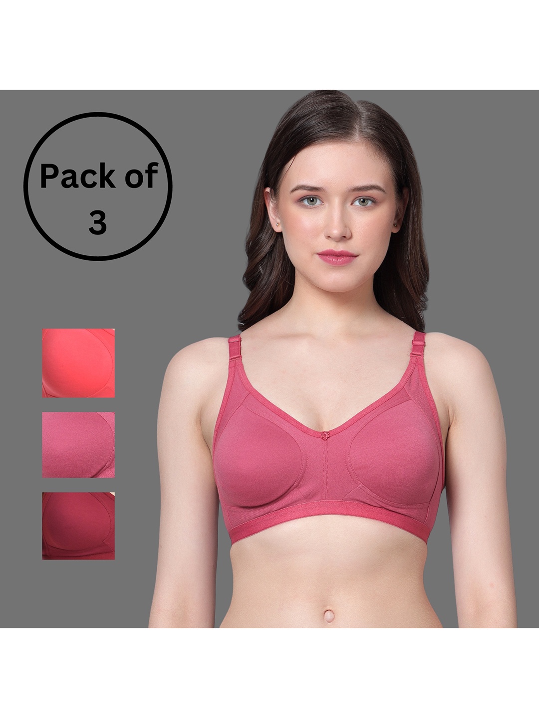 

Aimly Pack Of 3 Seamless Non-Padded Non-Wired Cotton T-Shirt Bra With All Day Comfort, Pink