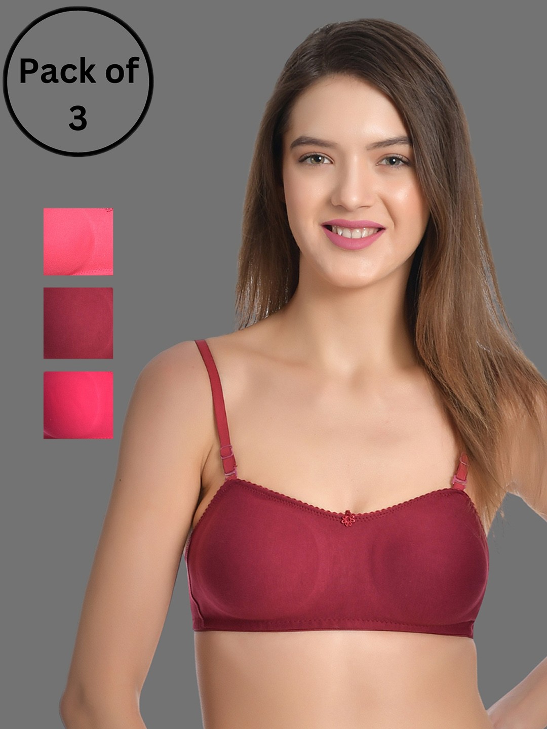 

Aimly Pack Of 3 Half Coverage Non-Wired Non-Padded Cotton Push-Up Bra With All Day Comfort, Burgundy