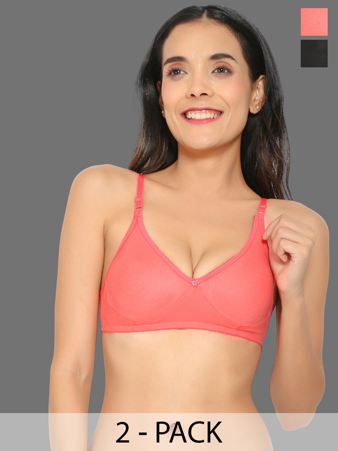 

Aimly Pack Of 2 Medium Coverage Non-Padded Cotton T-shirt Bra With All Day Comfort, Black