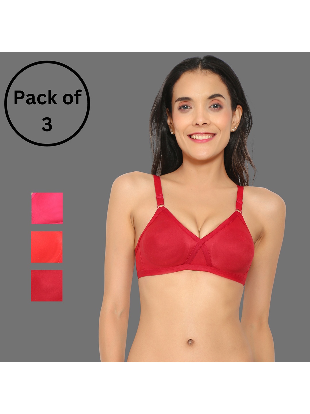 

Aimly Pack Of 3 Medium Coverage Non Padded Cotton Everyday Bra With All Day Comfort, Red