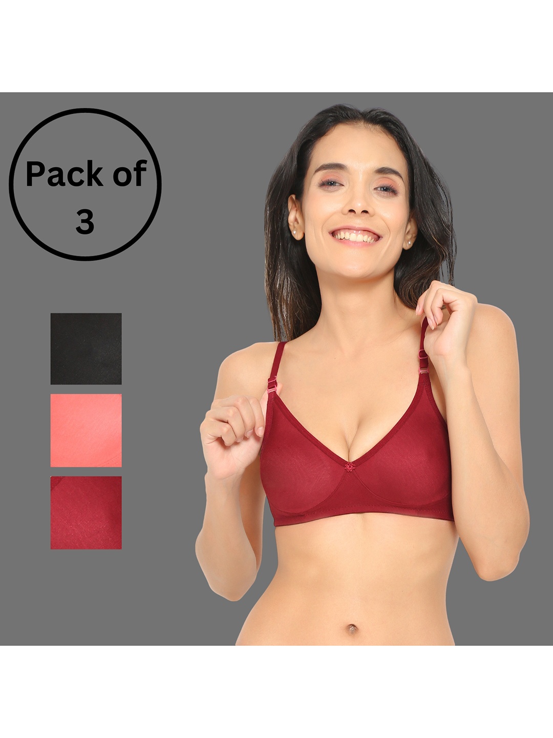 

Aimly Pack Of 3 Medium Coverage Non Padded Cotton Everyday Bra With All Day Comfort, Maroon