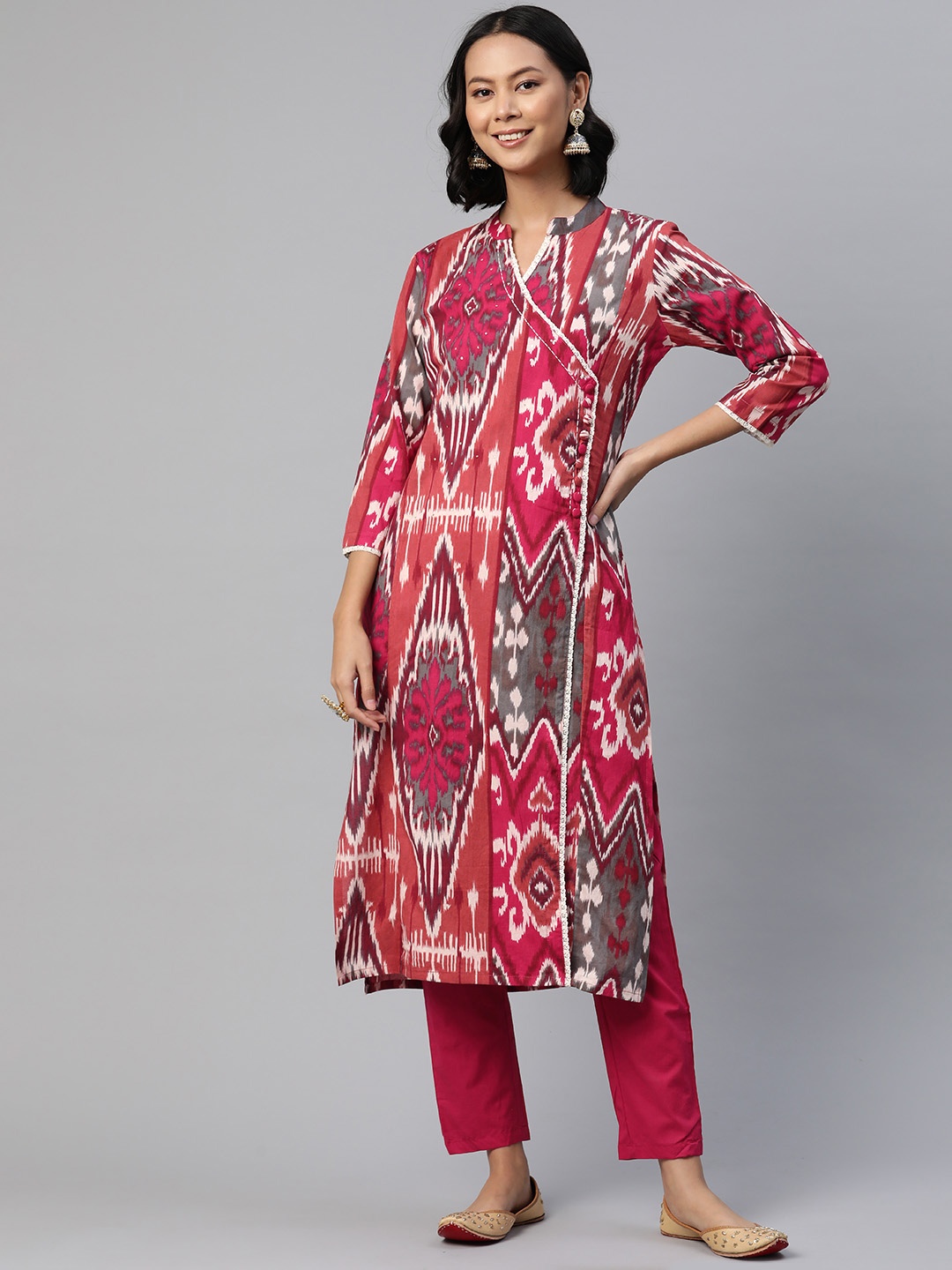 

Readiprint Women Printed Angrakha Sequinned Pure Cotton Kurta with Palazzos, Pink