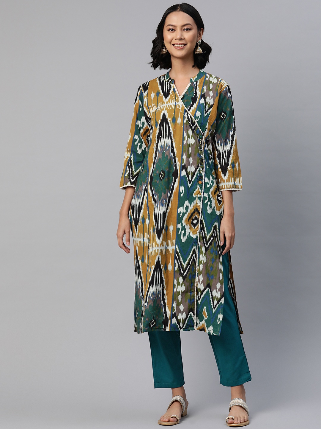 

Readiprint Women Printed Angrakha Sequinned Pure Cotton Kurta with Palazzos, Teal