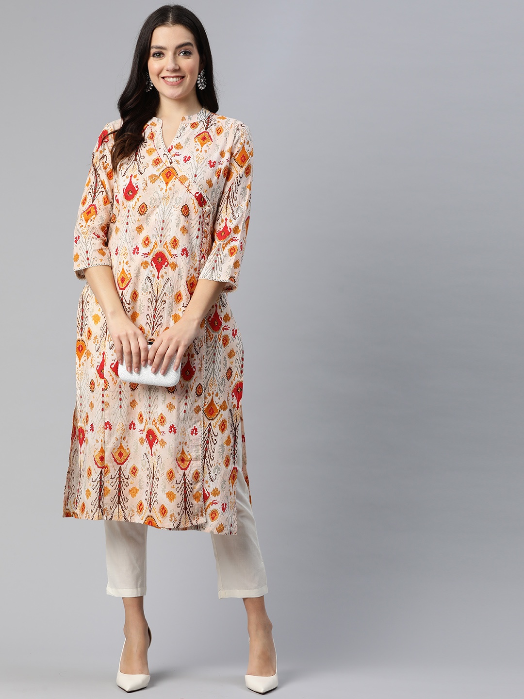 Readiprint Fashions Ethnic Motifs Printed Angrakha Sequinned Cotton Kurta with Dupatta, Peach