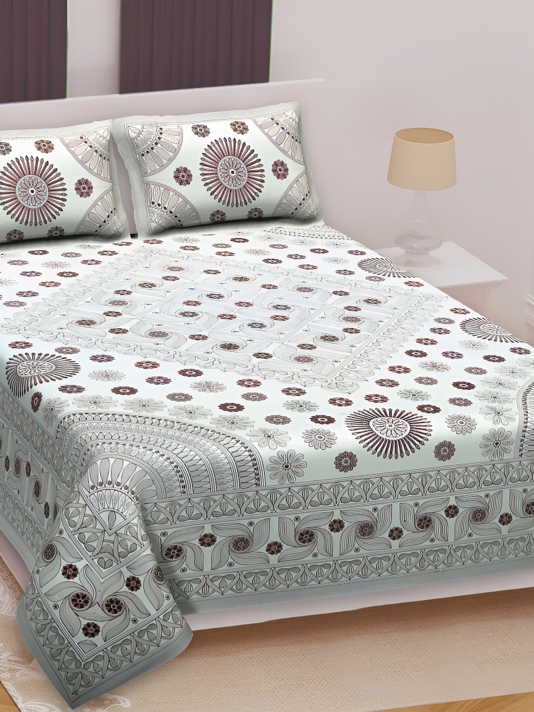 

Texstylers Brown & Grey Floral Printed Cotton 210 TC Queen Bedsheet With 2 Pillow Covers