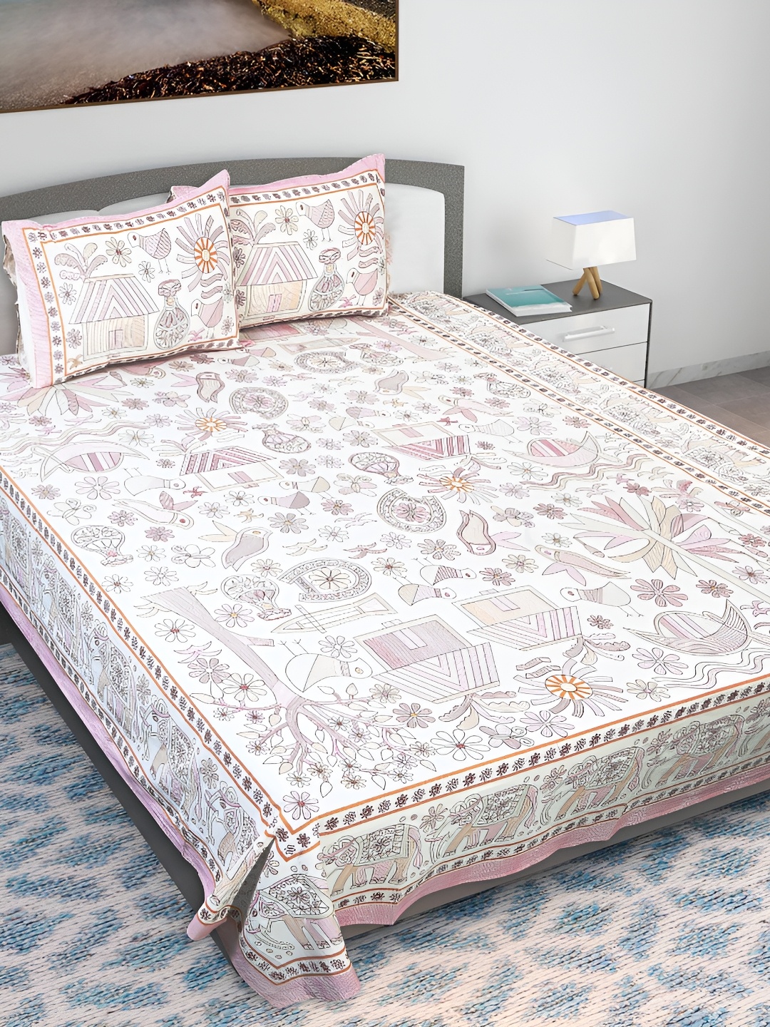 

Texstylers Pink & White Floral Printed Cotton 210 TC Queen Bedsheet With 2 Pillow Covers