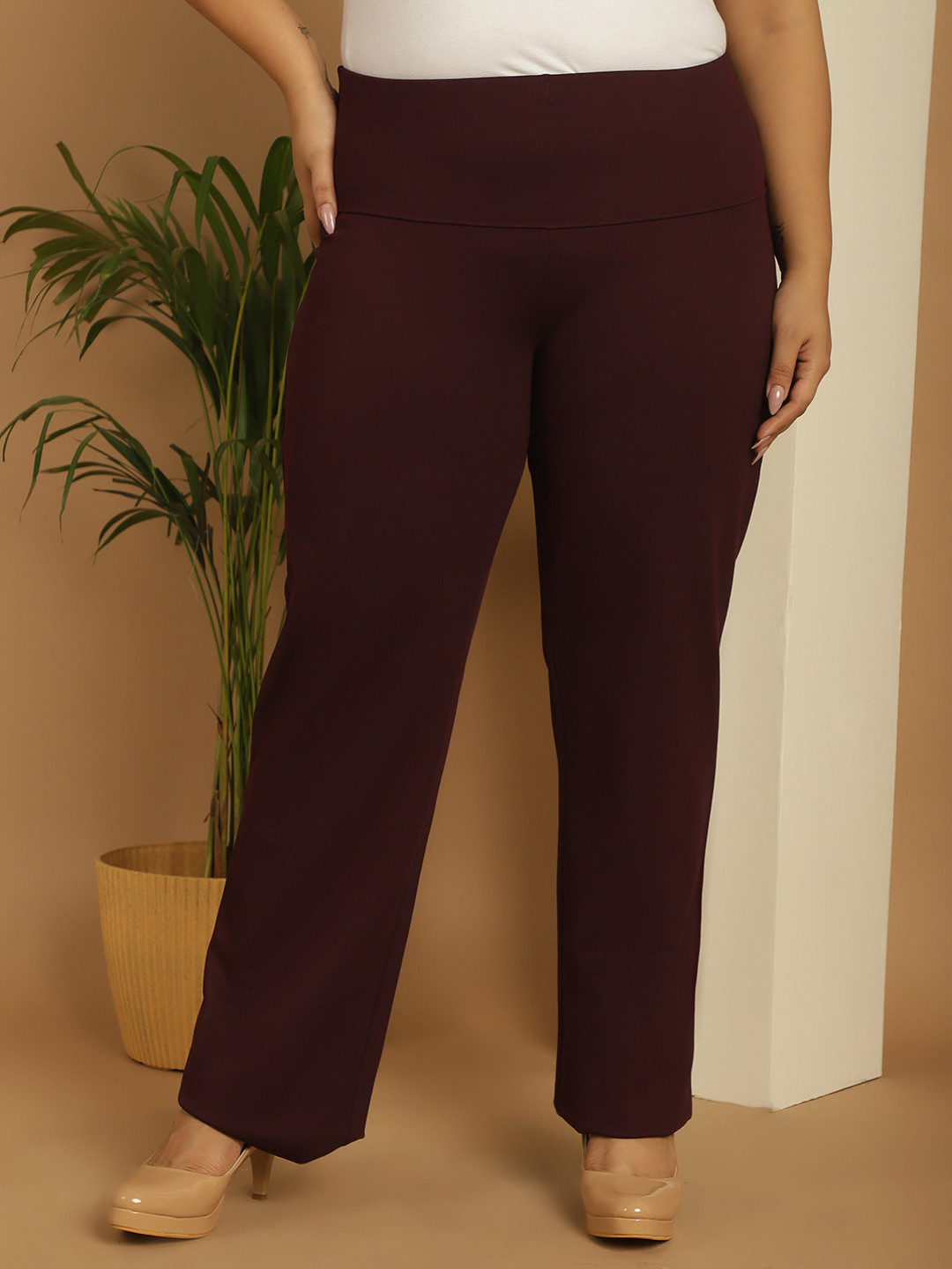 

theRebelinme Women Smart Straight Fit High-Rise Parallel Trouser, Burgundy