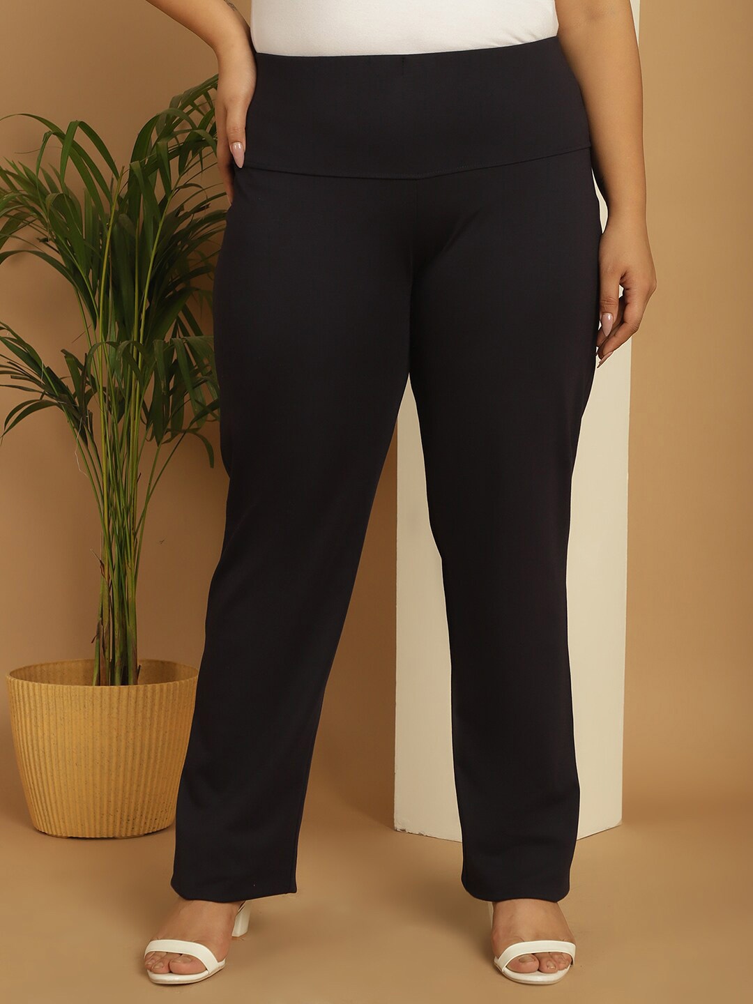 

theRebelinme Women Plus Size Smart Straight Fit High-Rise Parallel Trousers, Navy blue
