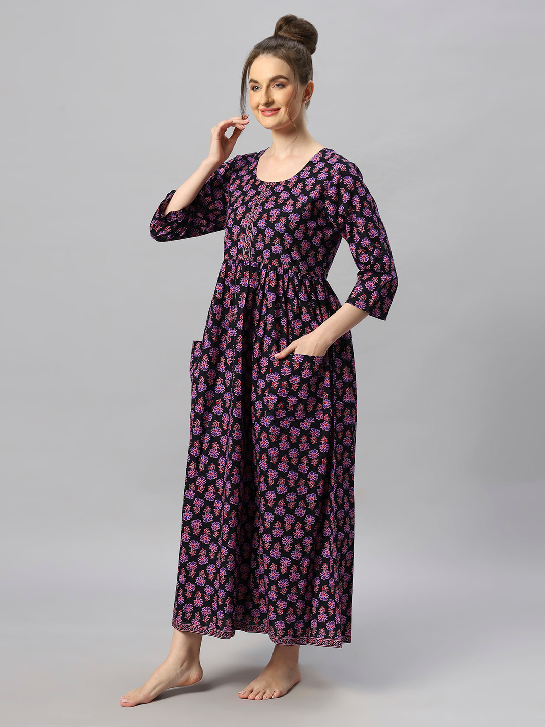

ETC Floral Printed Pure Cotton Maxi Nightdress, Black
