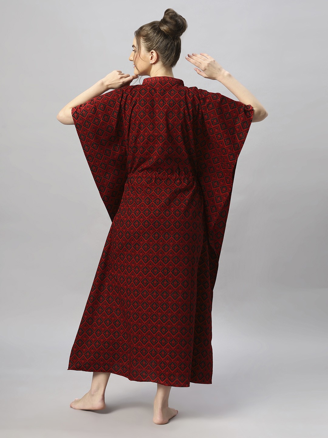 

ETC Red Printed Pure Cotton V-Neck Maxi Kaftan Nightdress