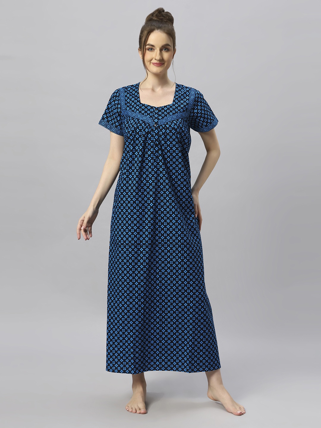 

ETC Blue Geometric Printed Pure Cotton Maxi Nightdress