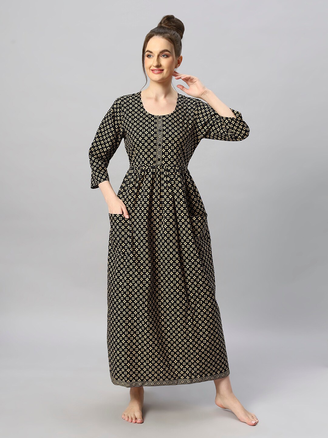 

ETC Printed Pure Cotton Maxi Nightdress, Black