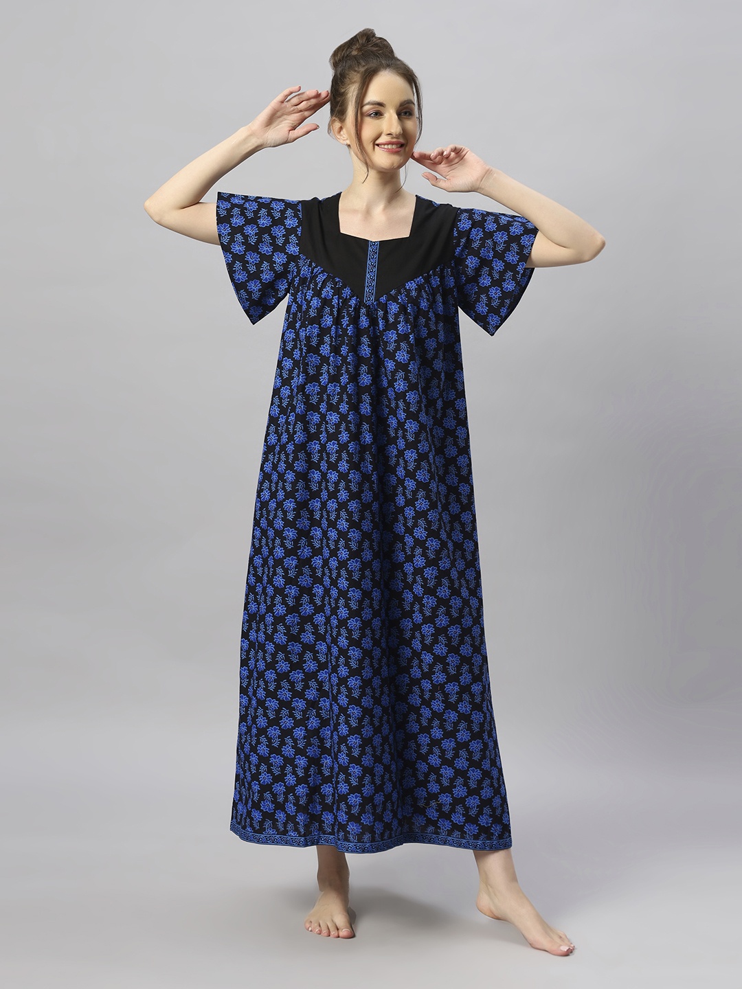 

ETC Blue Floral Printed Pure Cotton Maxi Nightdress