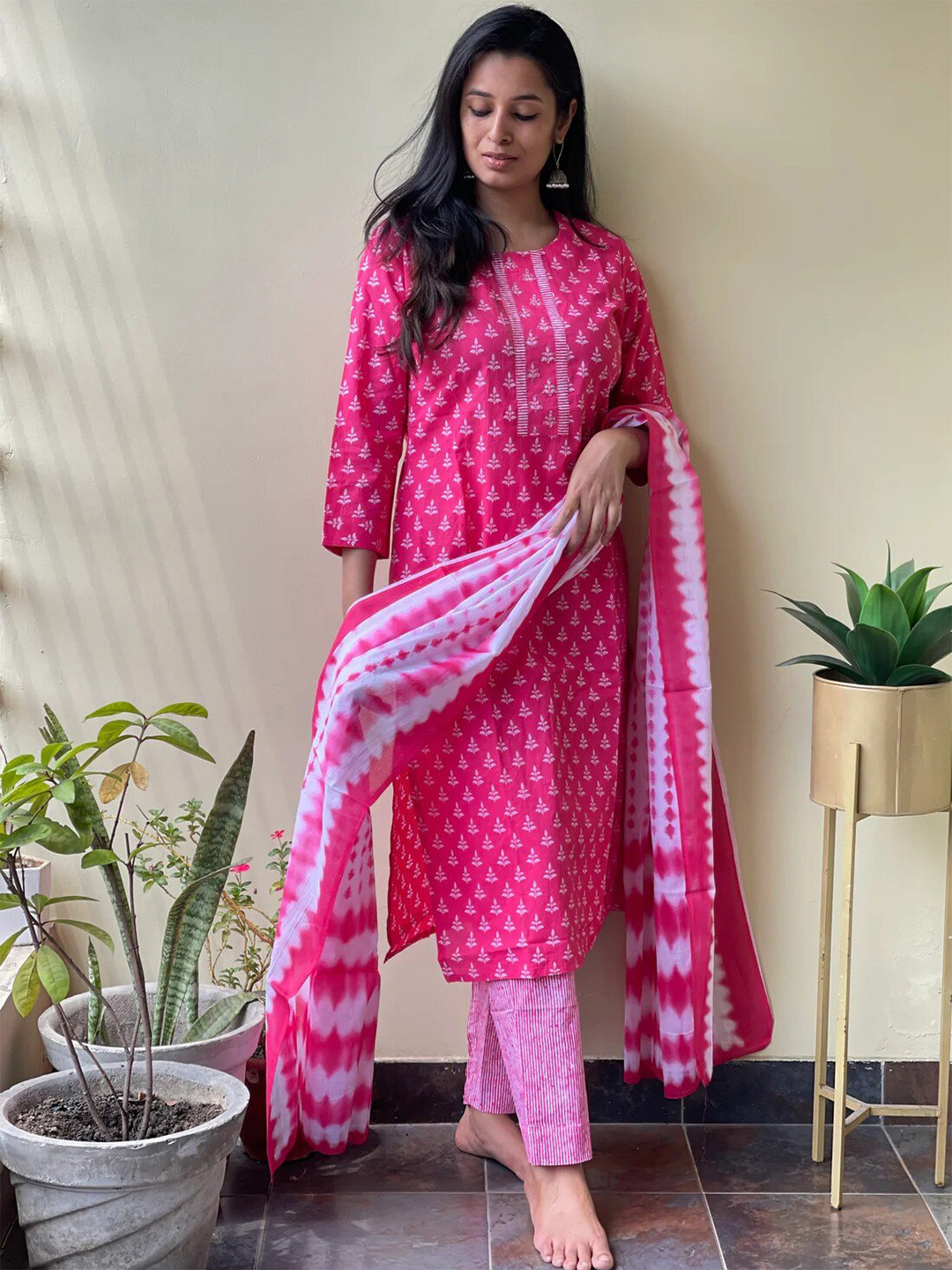 

KALINI Ethnic Motifs Printed Round Neck Kurta with Trousers & With Dupatta, Pink