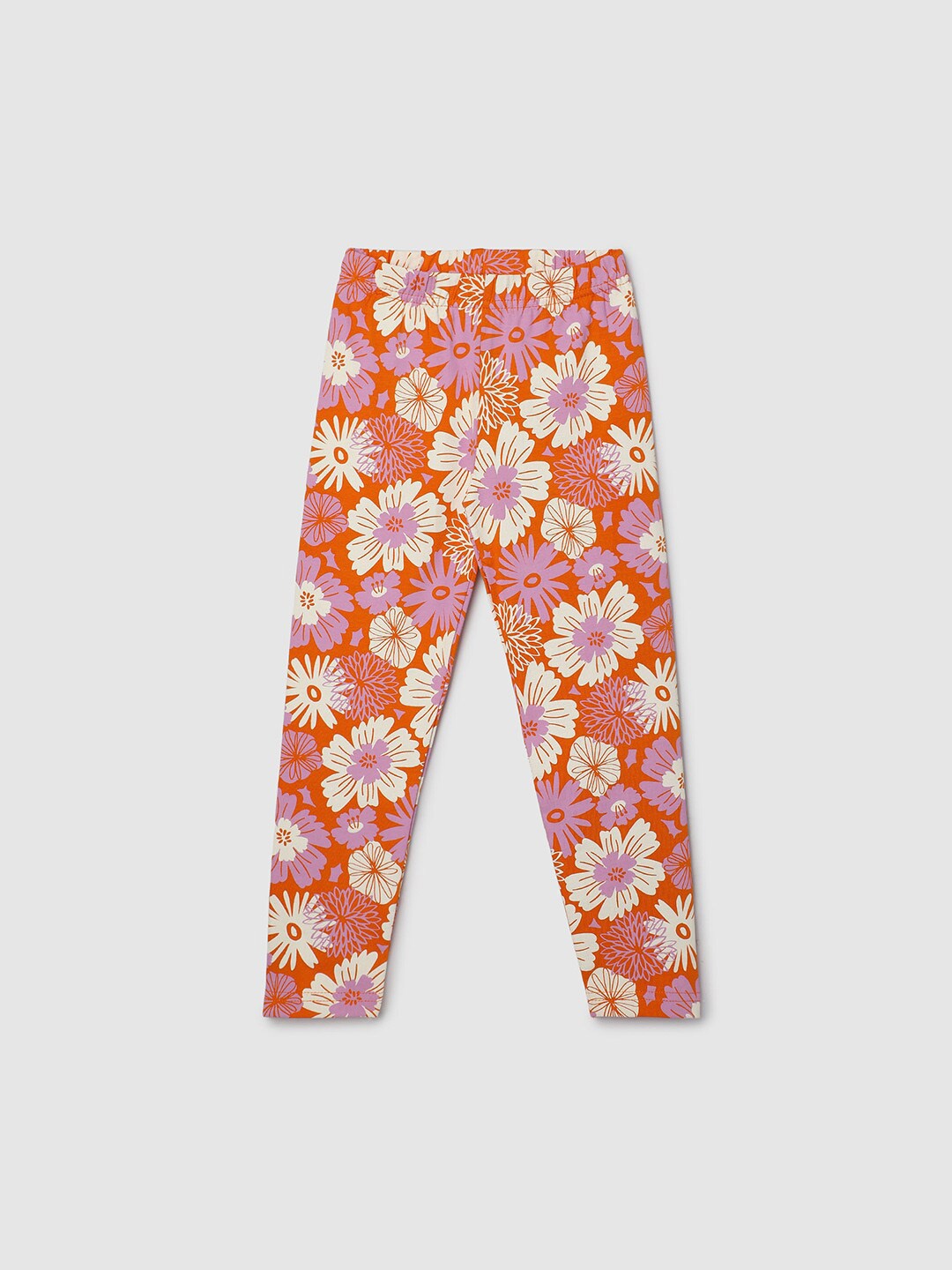 

max Girls Floral Printed Ankle Length Cotton Leggings, Orange