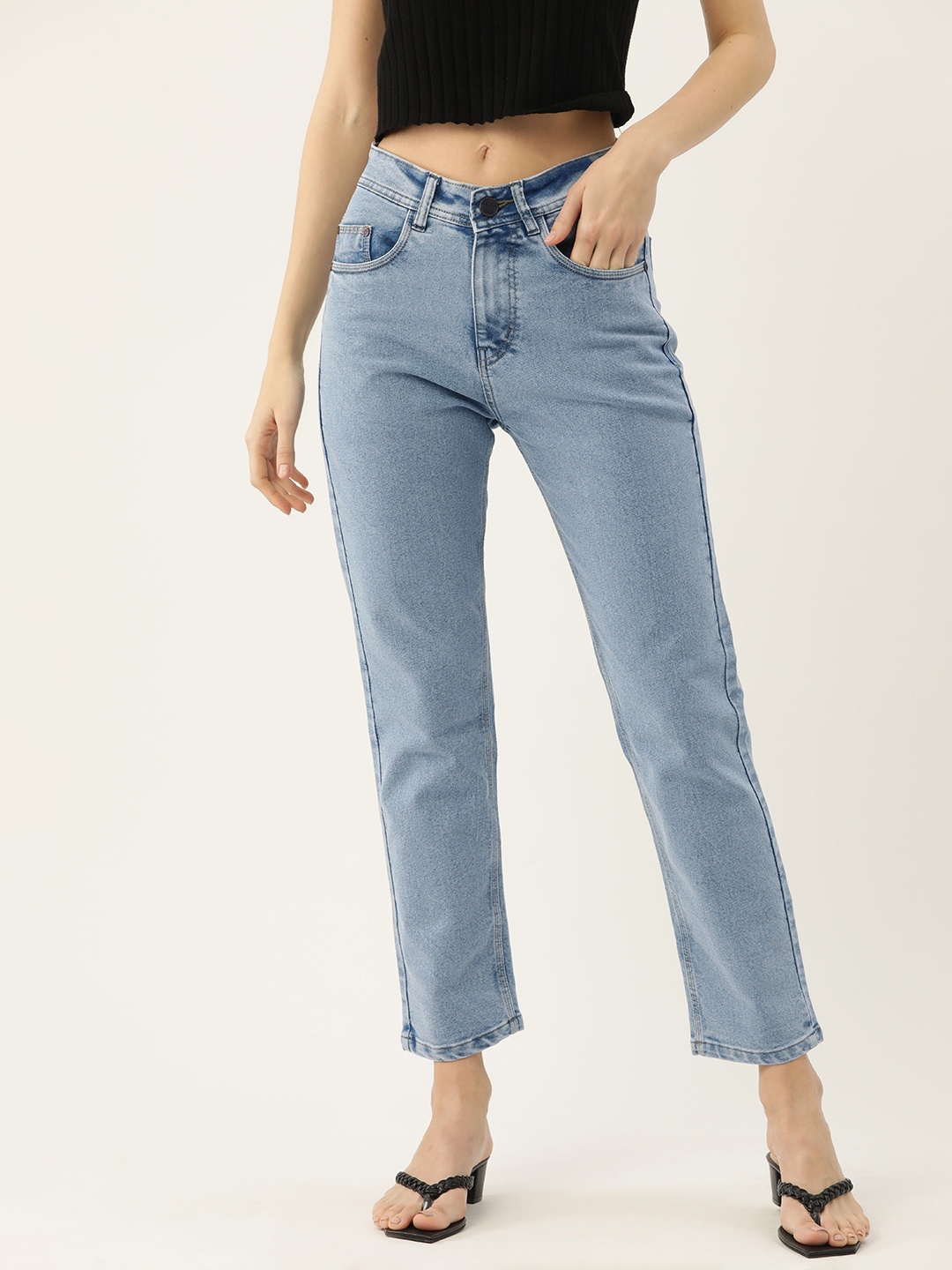 

PARIS HAMILTON Boyfriend Fit High-Rise Heavy Fade Acid Wash Stretchable Jeans, Blue