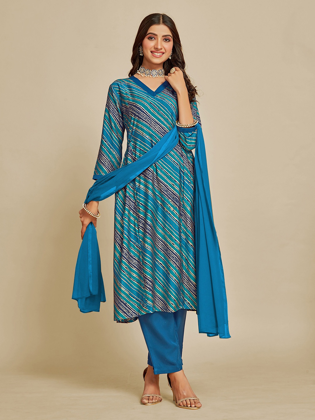 

Sangria V-neck Striped A line Kurta with trousers & Dupatta, Blue