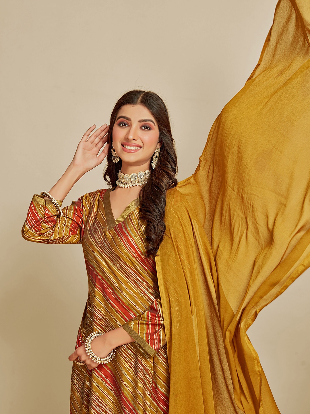 

Sangria V Neck A-Line Striped Straight Kurta with Trousers & Dupatta, Mustard