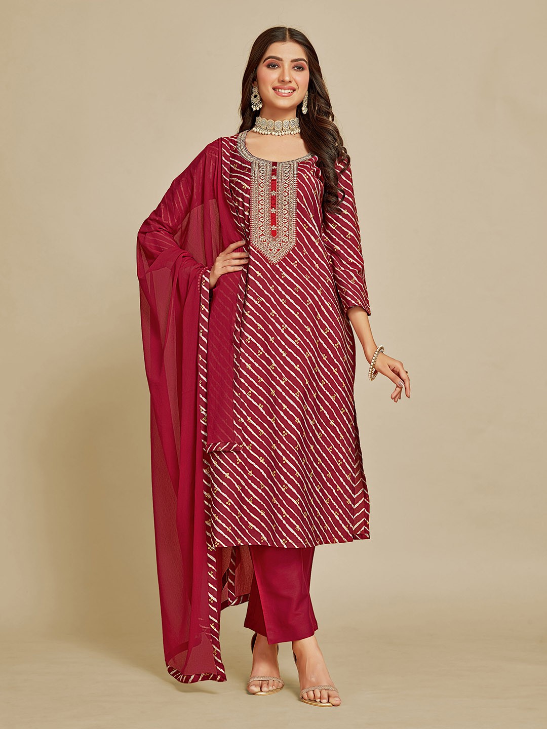 

Sangria Round Neck Zari Embroidered Straight Kurta with Trousers & Dupatta, Maroon