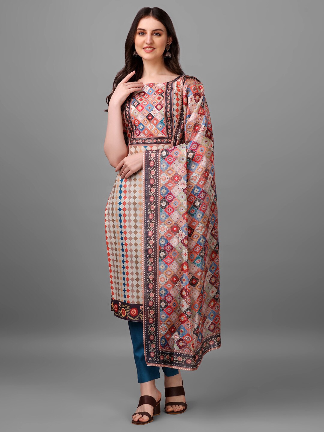 

HETVI CREATION Ethnic Motifs Printed Regular Kurta with Trousers & Dupatta, Teal