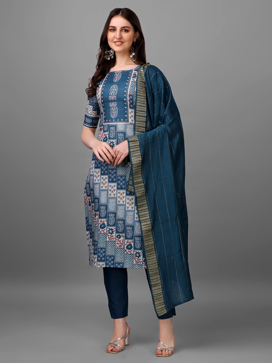 

HETVI CREATION Ethnic Motifs Printed Round Neck Kurta with Trousers & With Dupatta, Teal