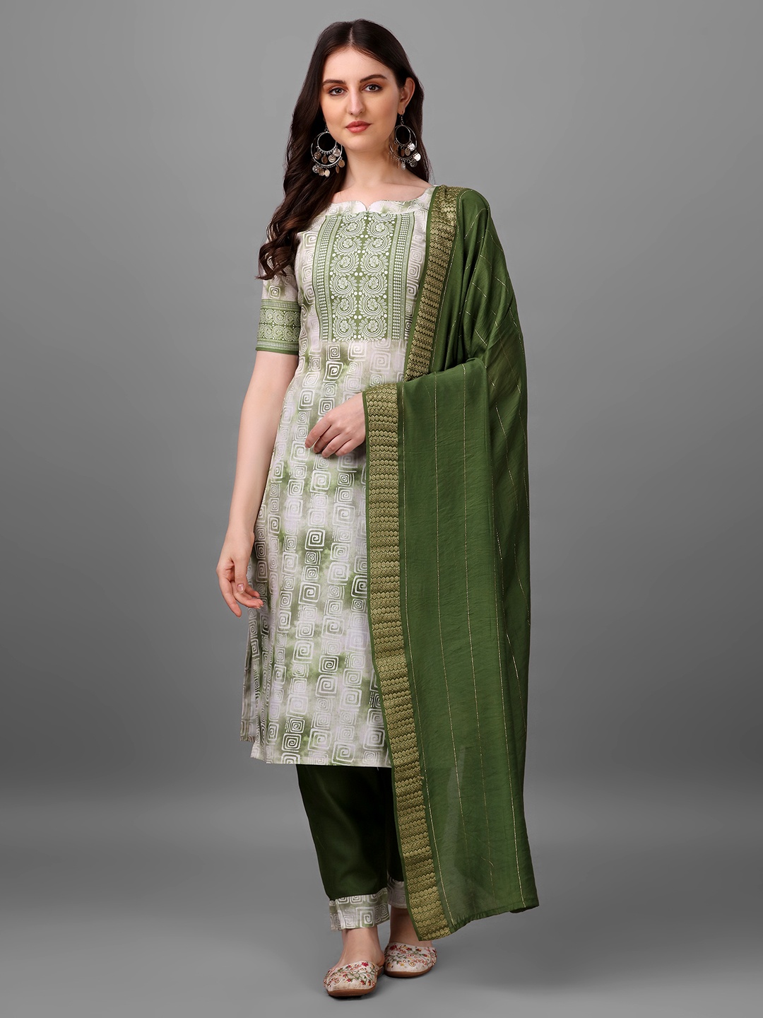 

HETVI CREATION Printed Regular Kurta with Trousers & Dupatta, Olive