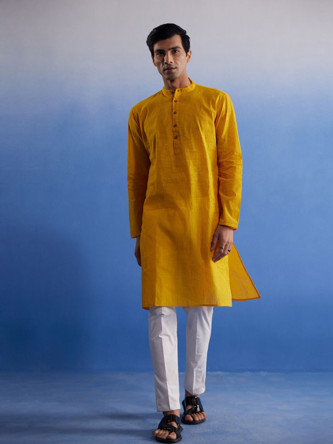 

VASTRAMAY Striped Regular Band Collar Straight Pure Cotton Kurta with Pyjamas, Mustard