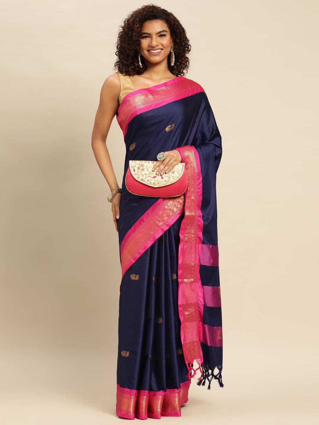 

WINKLECART Ethnic Motifs Woven Design Zari Pure Silk Mysore Silk Saree, Navy blue