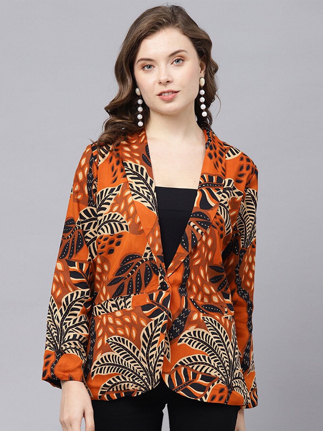 

DEEBACO Tropical Printed Single-Breasted Blazer, Brown