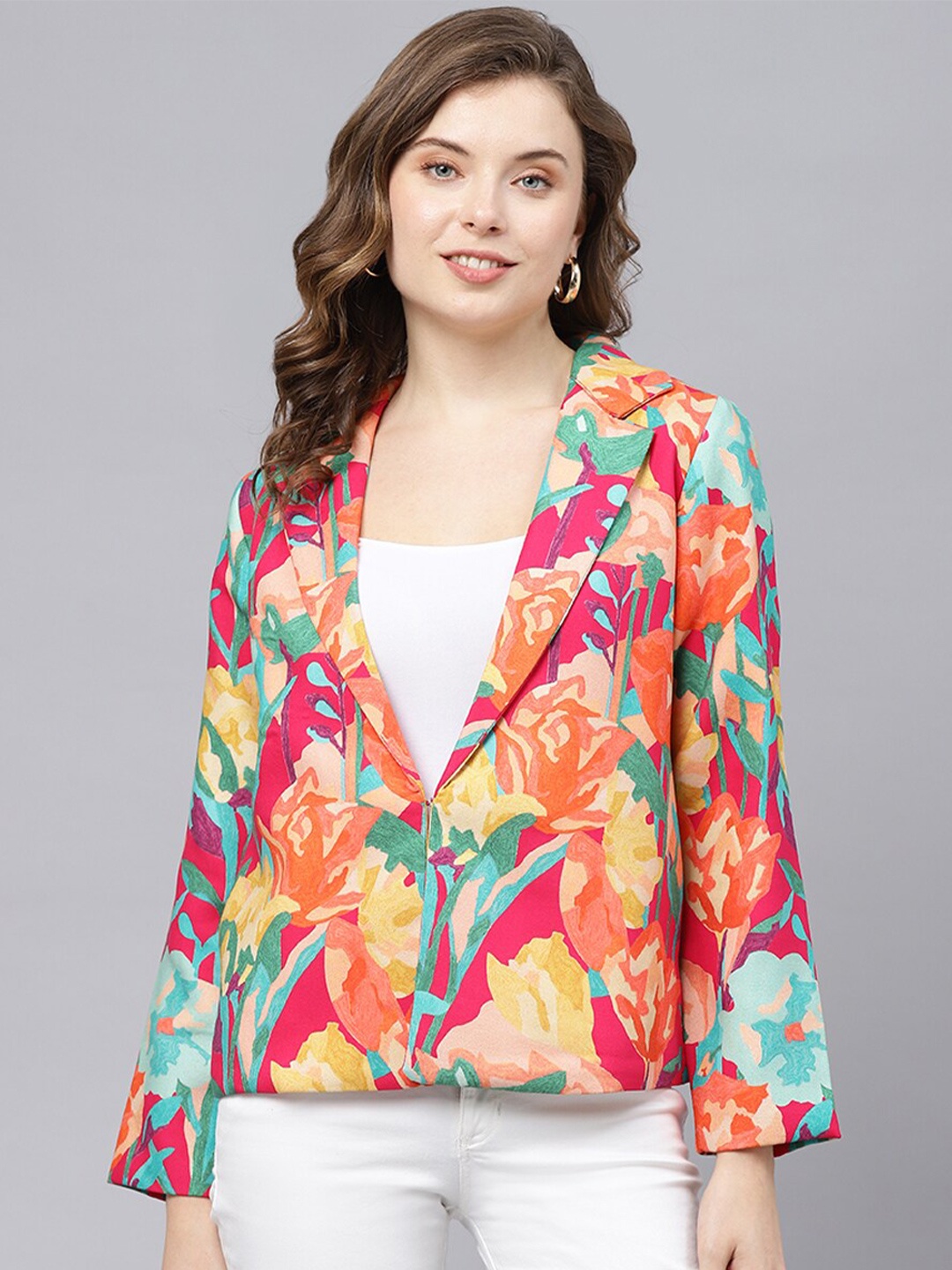 

DEEBACO Floral Printed Single Breasted Blazer, Magenta