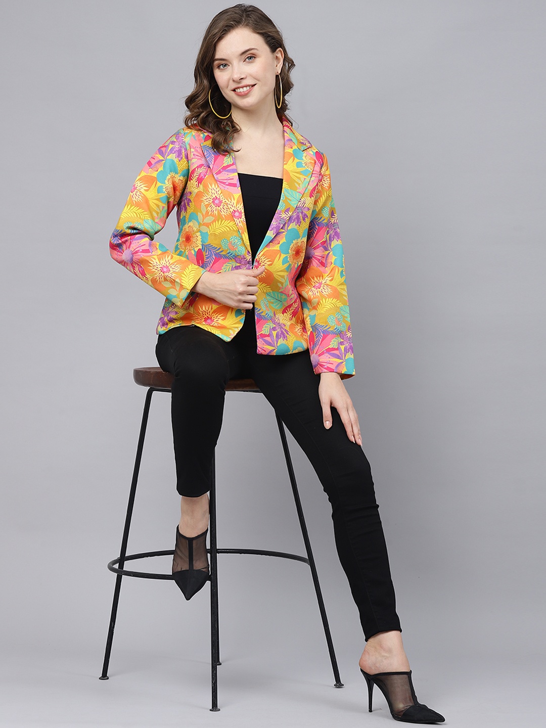 

DEEBACO Floral Printed Single Breasted Casual Blazer, Yellow