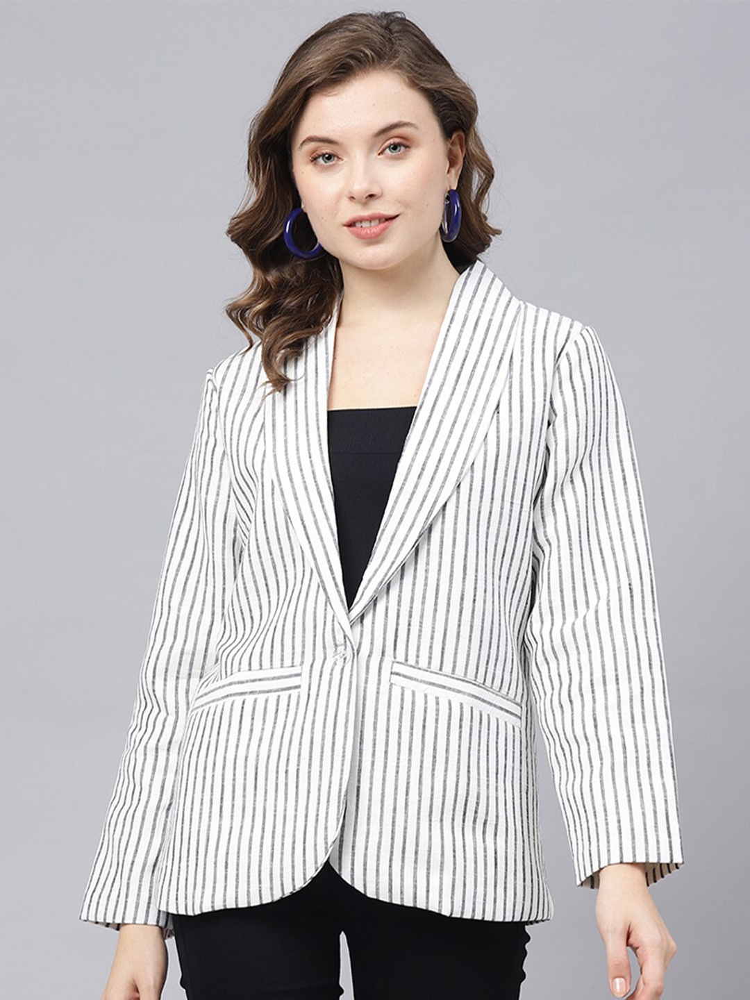 

DEEBACO Striped Single-Breasted Casual Blazer, White
